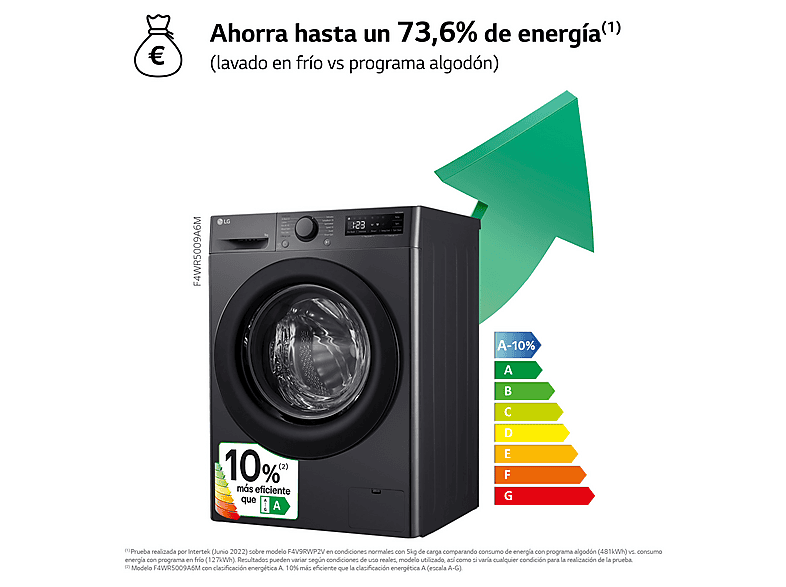 Lavadora carga frontal - LG F4WR5009A6M, Serie 500, 9 kg, 1400 rpm, 11 Programas, AI Direct Drive™, Steam™, Inox grafito antihuellas