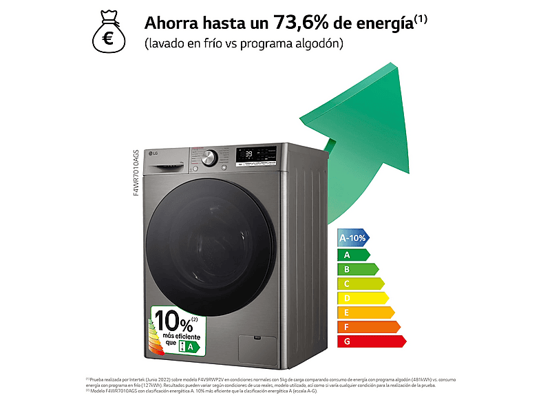 Lavadora carga frontal - LG F4WR7010AGS, Serie 700, 10 kg, 1400 rpm, 14 Programas, Steam™, Clase A-10%, Inox antihuellas