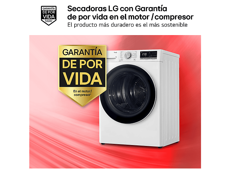 Secadora bomba de calor - LG RH80V9AV4N, 8 kg, 14 programas, Dual Inverter Compressor™, Eco Hybrid™, Display Gran LED, Blanco