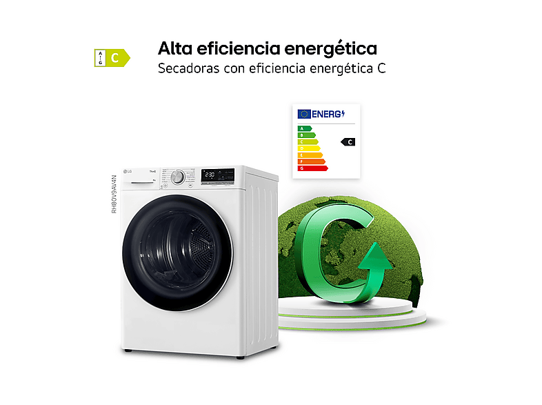 Secadora bomba de calor - LG RH80V9AV4N, 8 kg, 14 programas, Dual Inverter Compressor™, Eco Hybrid™, Display Gran LED, Blanco