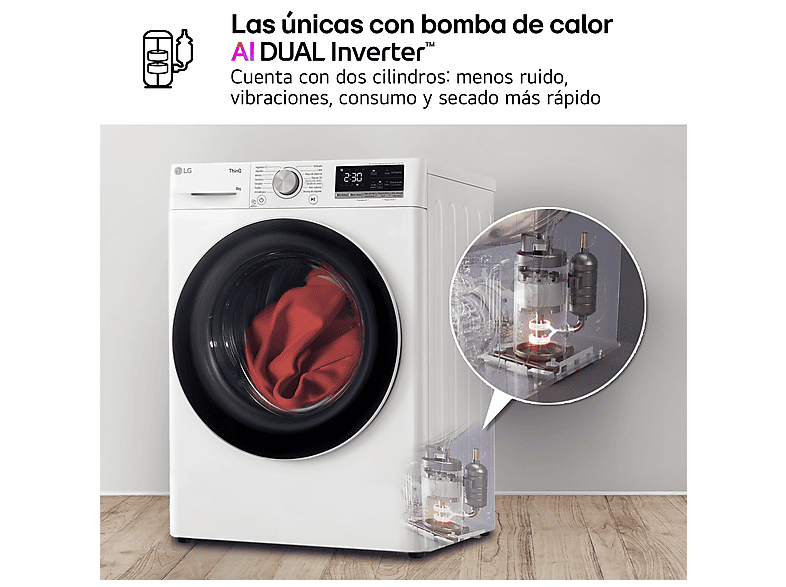 Secadora bomba de calor - LG RH80V9AV4N, 8 kg, 14 programas, Dual Inverter Compressor™, Eco Hybrid™, Display Gran LED, Blanco