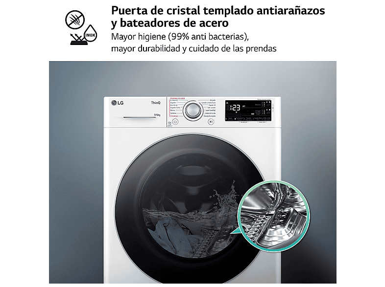 Lavadora secadora - LG F4DR5509A1W, 9 kg / 6 kg, 1400 rpm, 14 programas, AI Direct Drive™, Autodosificación, Blanco
