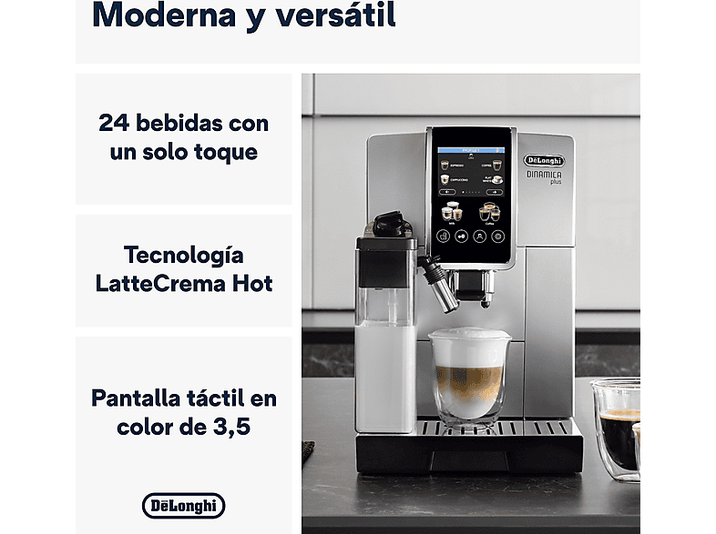 Cafetera superautomática - De Longhi, De'Longhi Dinamica Plus ECAM380.85.SB, 1450W, 15 bar, Molinillo Integrado, Espumador de leche, Táctil, 2 tazas