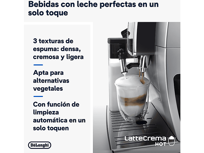 Cafetera superautomática - De Longhi, De'Longhi Dinamica Plus ECAM380.85.SB, 1450W, 15 bar, Molinillo Integrado, Espumador de leche, Táctil, 2 tazas