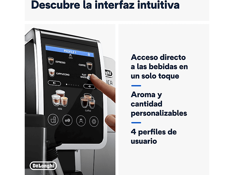 Cafetera superautomática - De Longhi, De'Longhi Dinamica Plus ECAM380.85.SB, 1450W, 15 bar, Molinillo Integrado, Espumador de leche, Táctil, 2 tazas