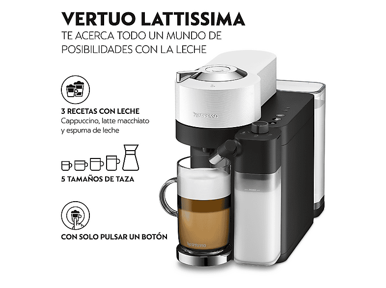 Cafetera de cápsulas - De Longhi, De'Longhi Nespresso® Vertuo Lattissima ENV300.W, 1500 W, 1.6 l, Depósito de leche, Calentamiento 30s, Blanco