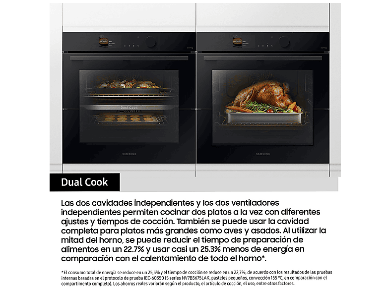 Horno a vapor - Samsung NV7B6795JAK/U1 Dual Cook Steam™, Multifunción, Pirolítico, 76 l, 59.5 cm, WiFi, Puerta Fléxible, Negro