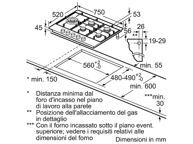 Placa de gas - Bosch PCS7A5I90, 5 zone(s) zonas, Gas natural, 75 cm, Acero inoxidable