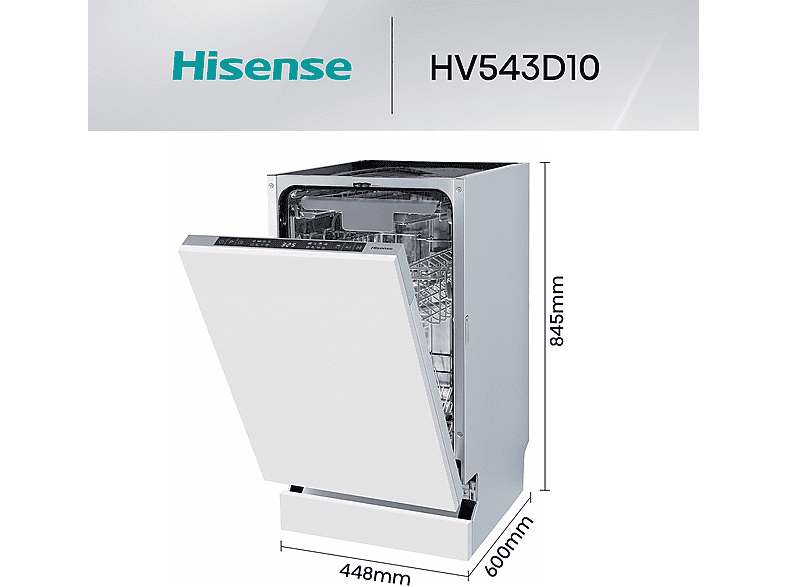 Lavavajillas integrable - Hisense HV543D10, 11 servicios, 7 programas, 44.8 cm, Tercera bandeja, Inverter, Sin Panelar