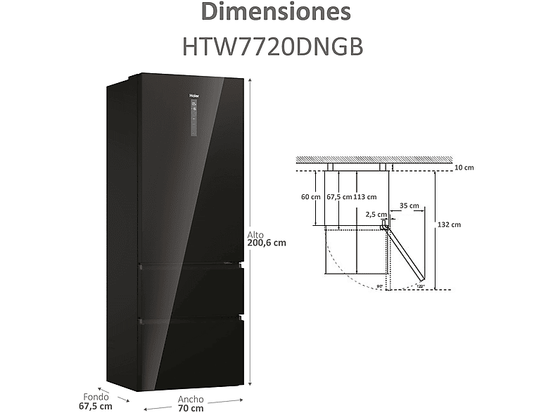 Frigorífico combi - Haier Series 7 HTW7720DNGB, No Frost, 201 cm, 483 l, WiFi, Daylight, Negro