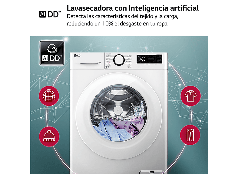 Lavadora secadora - LG F4DR5009A3W, Serie 500, 9kg/6kg, 1400 rpm, 12 programas, Blanco