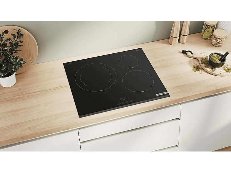 Placa inducción - Bosch PIJ631BB5E, 3 zonas, Zona grande 28 cm, Control TouchSelect, función Sprint, 59.2 cm, Negro