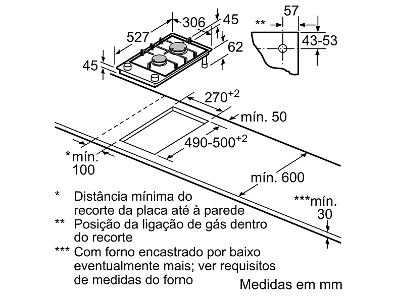 Placa de gas - Bosch PRB3A6I40, 2 zone(s) zonas, 306 mm, Negro