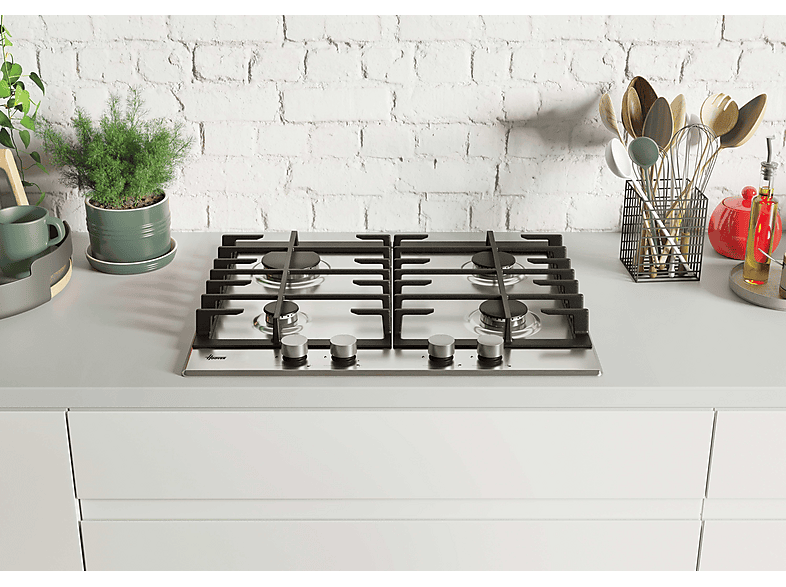 Placa de gas - Hoover H-HOB 300 GAS HHG6BRMX, 4 zone(s) zonas, NG + LPG (Butane), 595 cm, Acero inoxidable