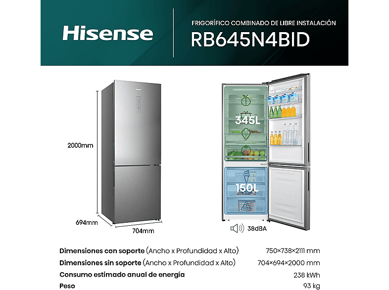 Frigorífico combi - Hisense RB645N4BID, Total No Frost, 200 cm, Ancho 70 cm, 495 l, Inverter, Multi Air Flow, Inox