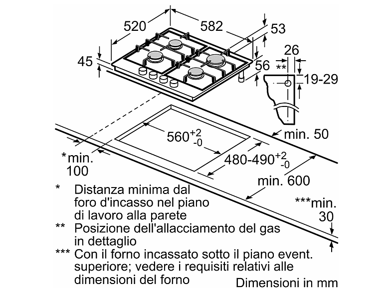 Encimera de gas - Bosch PCP6A5I90, 4 zone(s) zonas, 58,2 cm, Acero inoxidable