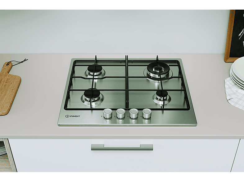 Placa de gas - Indesit THP 642 W/IX/I 1, 4 zone(s) zonas, 58 cm, Acero inoxidable