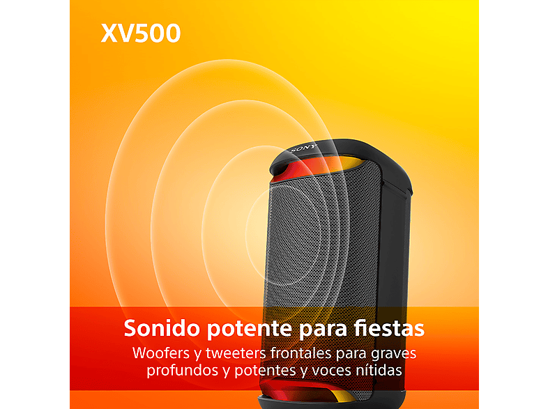 Altavoz de gran potencia - Sony SRS-XV500B, Con batería, Autonomía 25h, Inalámbrico para fiestas, MEGA BASS, Portátil, Bluetooth, Karaoke y Guitarra