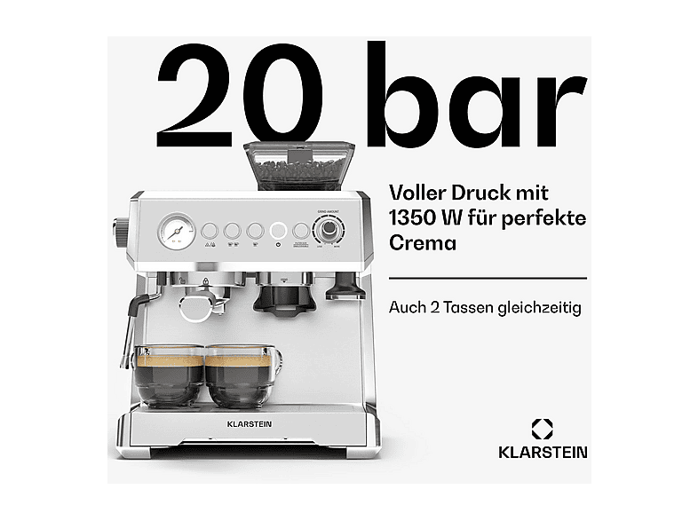 Cafetera espresso - Klarstein GrandPresso, 20 bar, 1350 W, Acero Inoxidable