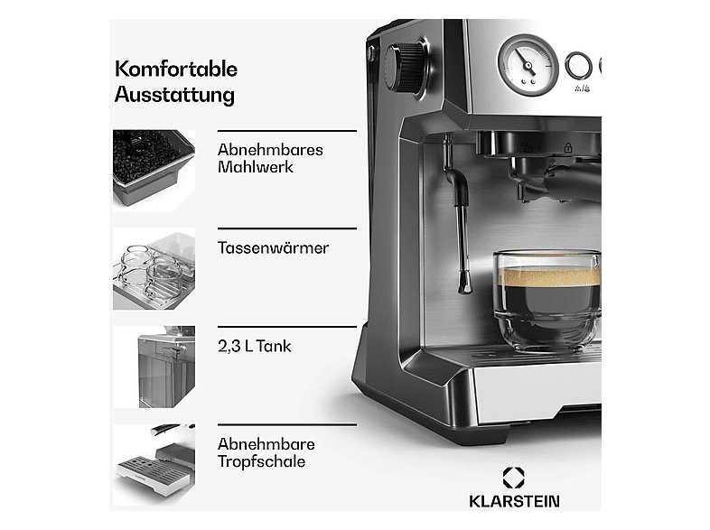 Cafetera espresso - Klarstein GrandPresso, 20 bar, 1350 W, Acero Inoxidable