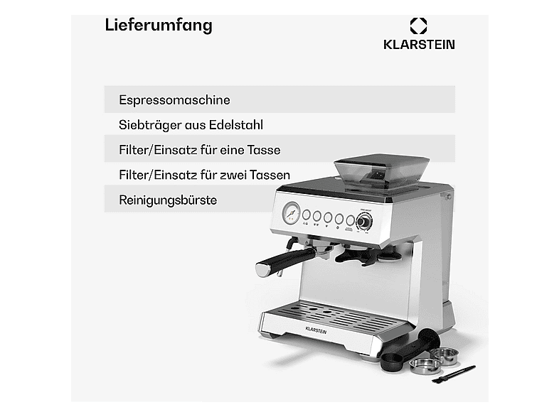 Cafetera espresso - Klarstein GrandPresso, 20 bar, 1350 W, Acero Inoxidable