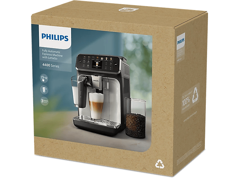 Cafetera superautomática - Philips EP4441/50, LatteGo, Silent Brew, 12 Bebidas, 15 bar, AquaClean, Molinillo Cerámico, Aroma Extract, Negro