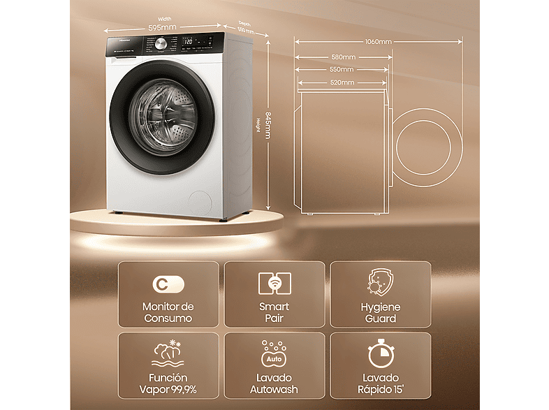 Lavadora carga frontal - Hisense WF3S9043BW3, 9 Kg, 1400 rpm, 14 programas, WiFi&Bluetooth, Clase A-30%, Blanco