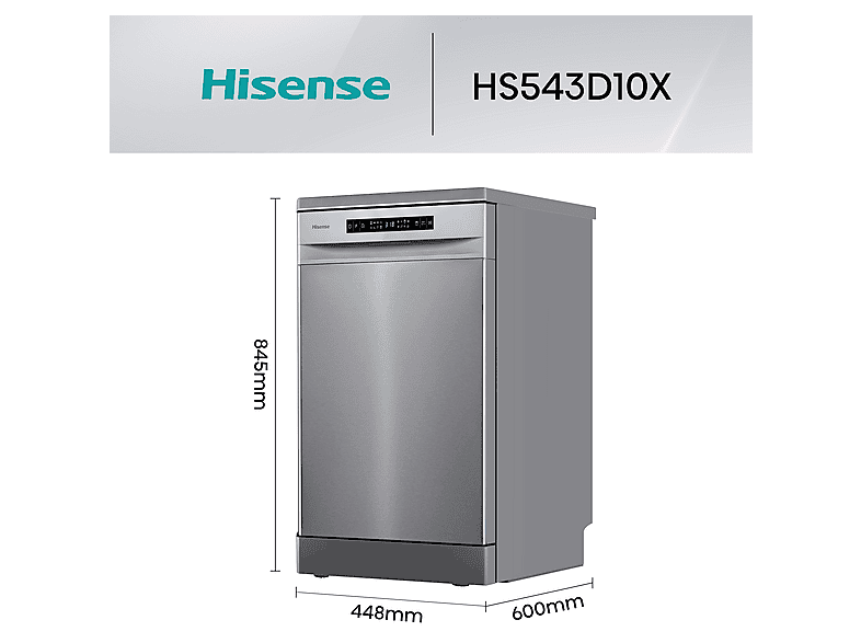 Lavavajillas - Hisense HS543D10X, 11 servicios, 8 programas, 44.8 cm, Motor Inverter, Tercera bandeja, Inox