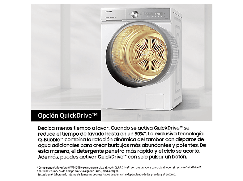 Lavadora carga frontal - Samsung WW90DB8U95GHU3, 9 kg, 1400 rpm, AI QuickDrive™, Clasificación Energética A, Blanco