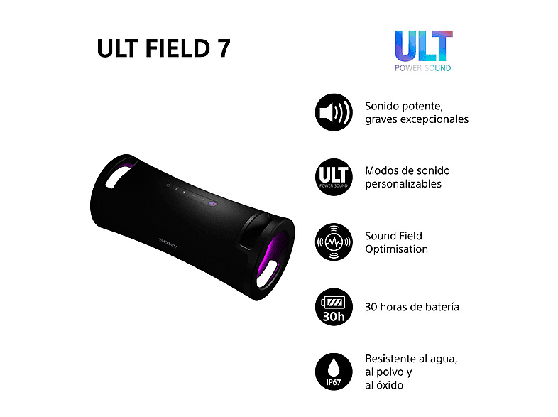 Altavoz inalámbrico - Sony ULT FIELD 7, SRSULT70B, Bluetooth, ULT POWER SOUND, Ultimate Deep Bass, Altavoz X-Balanced, Autonomía 30h, IP67, LED