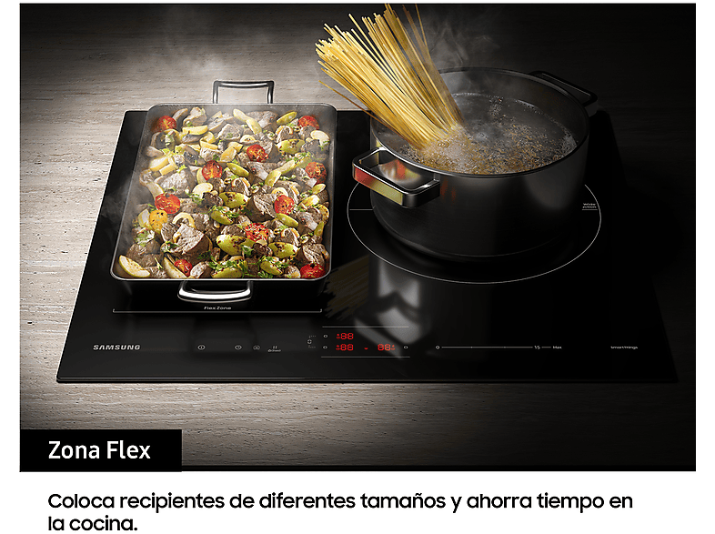 Placa inducción - Samsung NZ63B5046GK/U1, Zona Flex, Zona dual 28 cm, 59 cm, Wi-fi con SamrtThings, Negro