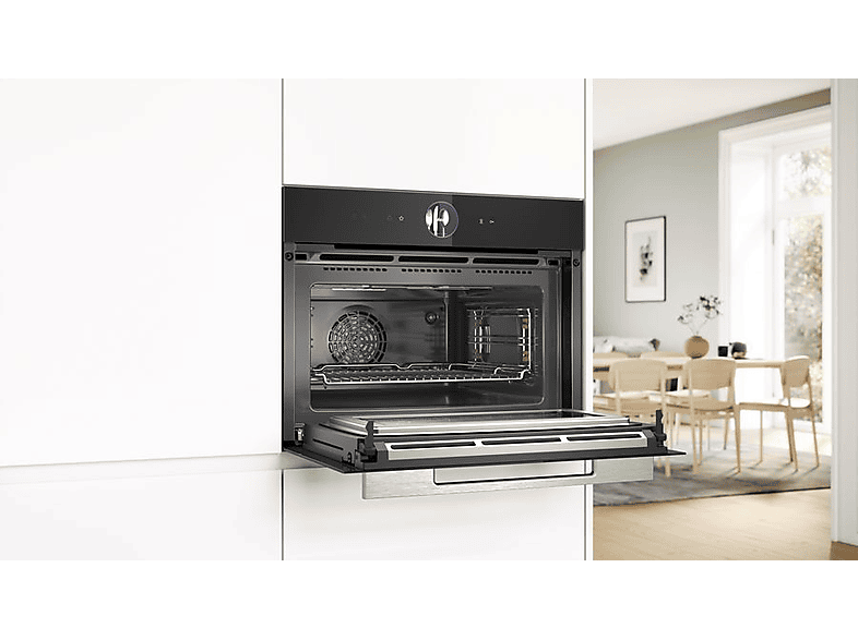 Horno compacto con microondas - Bosch CMG7761B1, Convencional, Limpieza Pirolítica y con agua, 45 l, Aire caliente 4D, Home Connect, 60 cm, Negro