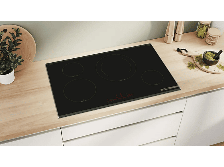 Placa inducción - Bosch PIE875HC1E, 4 zonas, 28 cm, Home Connect, Función Sprint, 80 cm, Negro