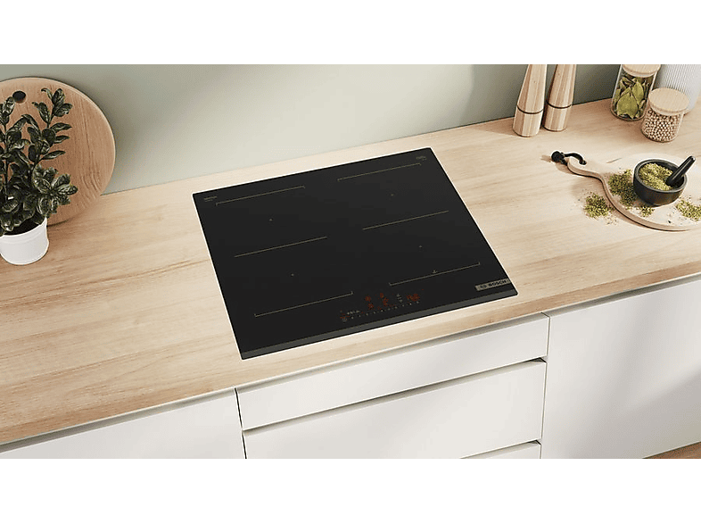 Placa inducción - Bosch PVQ631HC1E, 4 zonas, 30 x 21 cm, 59.2 cm, Negro