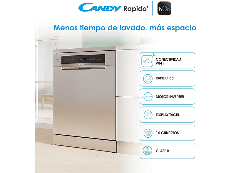 Lavavajillas - Candy Rapido' CF 6B2S3PSX, 16 servicios, 10 programas, 60 cm, Motor Inverter, Wi-Fi, Inox