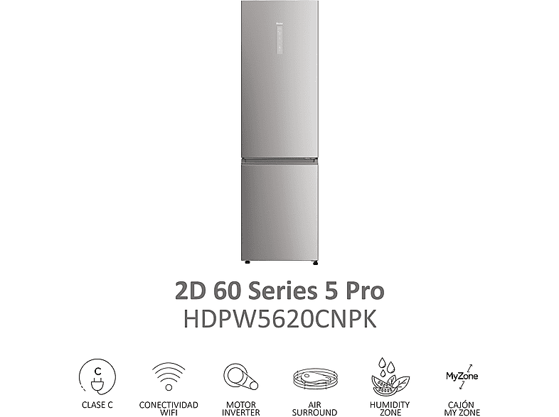 Frigorífico dos puertas - Haier Series 5 Pro HDPW5620CNPK, No Frost, 205 cm, 406 l, WiFi, My Zone, Inox