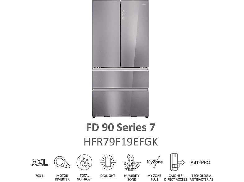 Frigorífico americano - Haier FD 90 Series 7 HFR79F19EFGK Cristal, No Frost, 190 cm, 703 l, Fabricador de hielo, My Zone, Cristal Zafiro