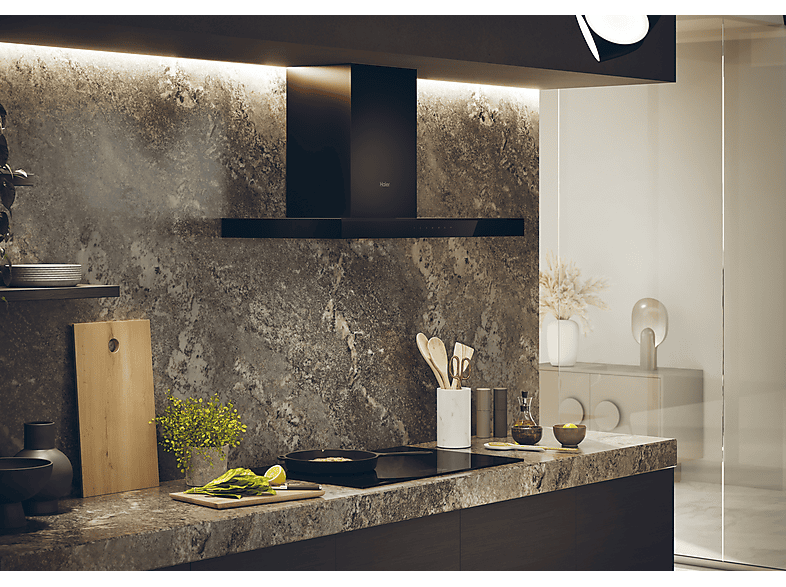 Campana decorativa - Haier HATS9CBS4BWIFI, 5 velocidades, 701 m3/h, Iluminación LED, 90 cm, Negra