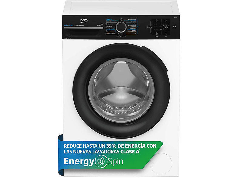 Lavadora carga frontal - Beko BM3WFSU38213, 8 kg, 1200 rpm, 15 Programas, Energy Spin, Steam Cure™, Motor ProSmart Inverter, Blanco