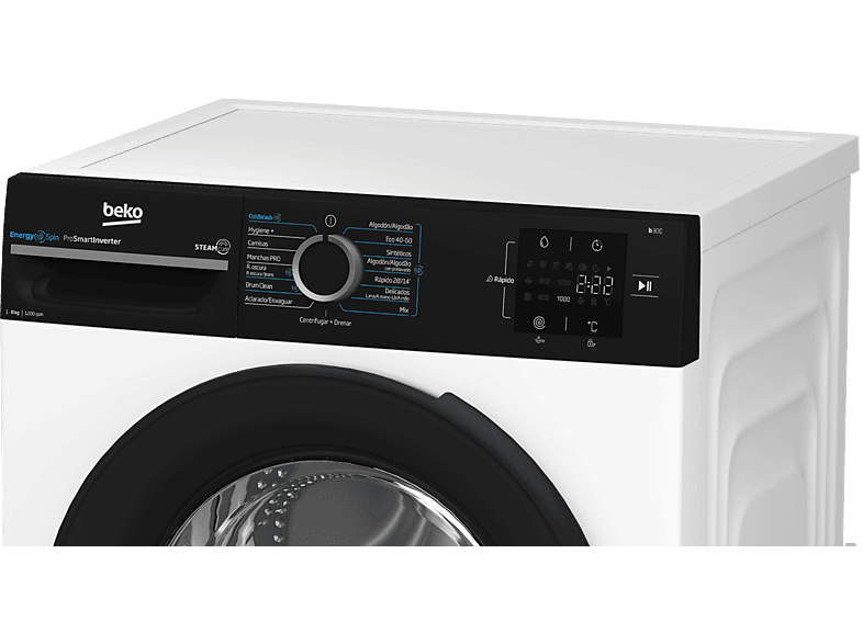 Lavadora carga frontal - Beko BM3WFSU38213, 8 kg, 1200 rpm, 15 Programas, Energy Spin, Steam Cure™, Motor ProSmart Inverter, Blanco