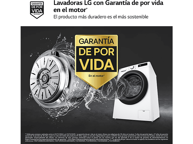Lavadora carga frontal - LG F4WR5010A6W, 10 kg, 1400 rpm, 11 programas, AI Direct Drive™, Steam™, Blanco