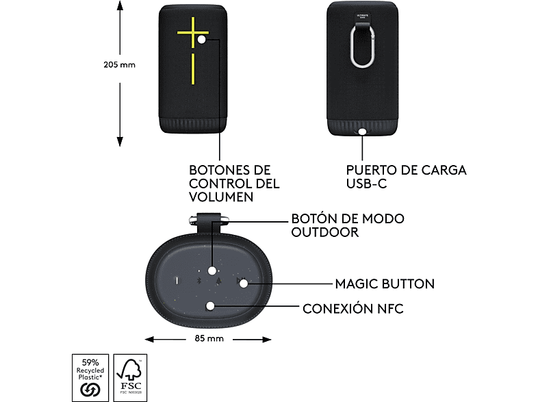 Altavoz inalámbrico - Ultimate Ears Everboom, Bluetooth, NFC, Sonido 360°, Ecualizador personalizable, 20h de batería, 84/85 dBC, Emparejable, Negro