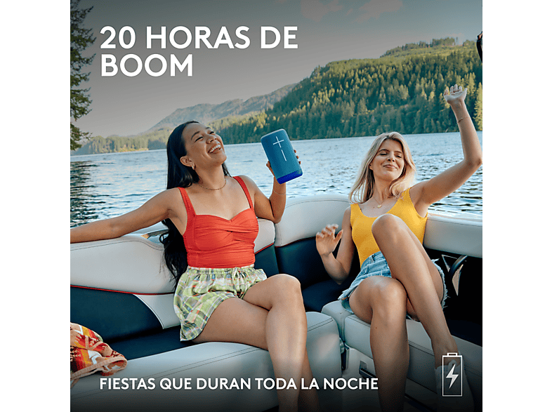 Altavoz inalámbrico - Ultimate Ears Everboom, Bluetooth, NFC, Sonido 360°, Ecualizador personalizable, 20h de batería, 84/85 dBC, Emparejable, Azul