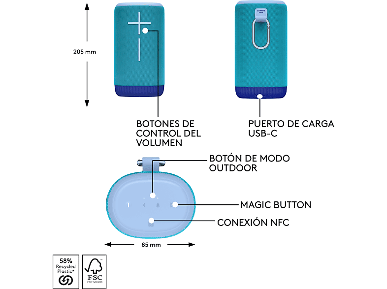 Altavoz inalámbrico - Ultimate Ears Everboom, Bluetooth, NFC, Sonido 360°, Ecualizador personalizable, 20h de batería, 84/85 dBC, Emparejable, Azul