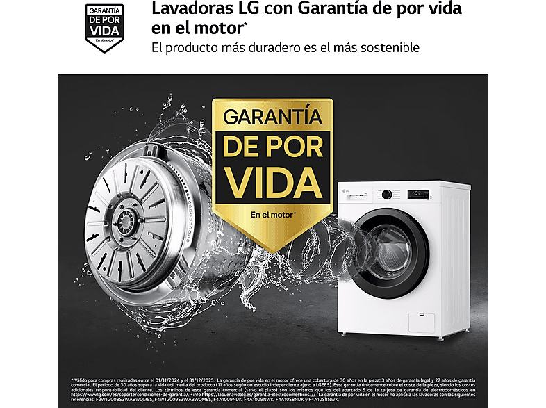 Lavadora carga frontal - LG F4X1009NWK, 9 kg, 1400 rpm, 10 programas, AI Direct Drive™, ThinQ™, Blanco Marfil