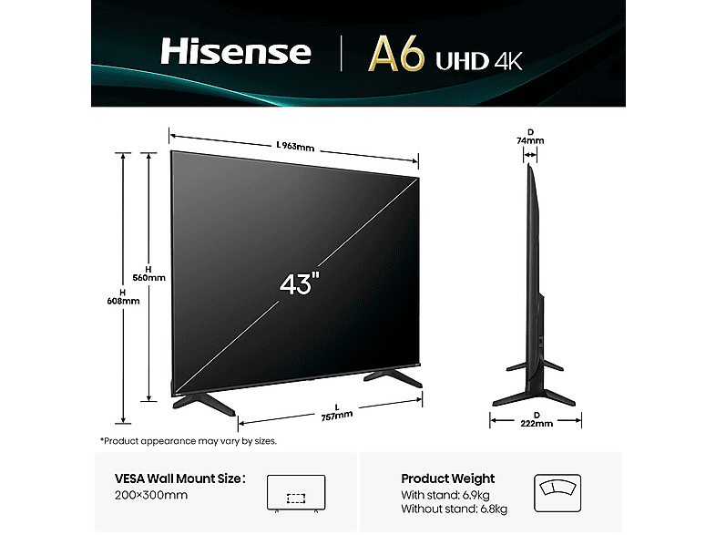 TV LED 43" - Hisense 43A6Q, UHD 4K, Quad Core/MT9603, Smart TV, DVB-T2 (H.265), Negro