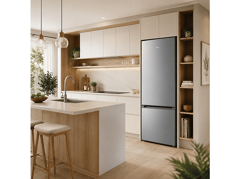Frigorífico combi - Midea MDRB380FGE02A, No Frost, 180 cm Altura, 270l, 360º Air Flow, Inox