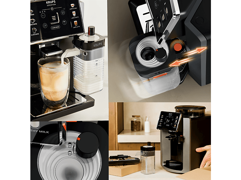 Cafetera superautomática - Krups Sensation Milk EA912B, 15 bar, 1450 W, 1.7 L, 6 modos, 2 tazas, Depósito de leche 0.3 L, Táctil, Gris