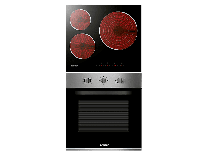 Pack Horno + Encimera - Infiniton HV-CB65H30, Multifunción, Grill, 65 l, Vitrocerámica, 3 Zonas, Acristalamiento triple, Inox