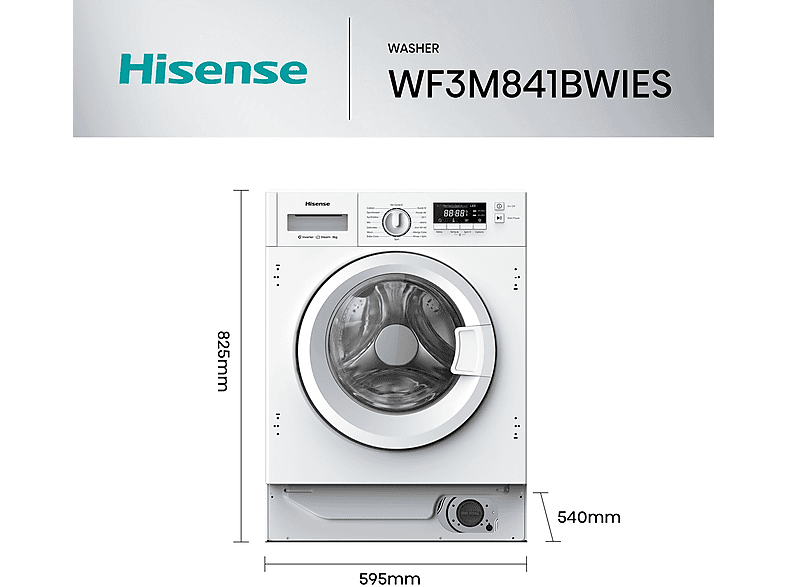 Lavadora integrable - Hisense WF3M841BWIES, 8 kg, 1400 rpm, 15 programas, Secado Allergy Care, Clase A, Sin Panelar